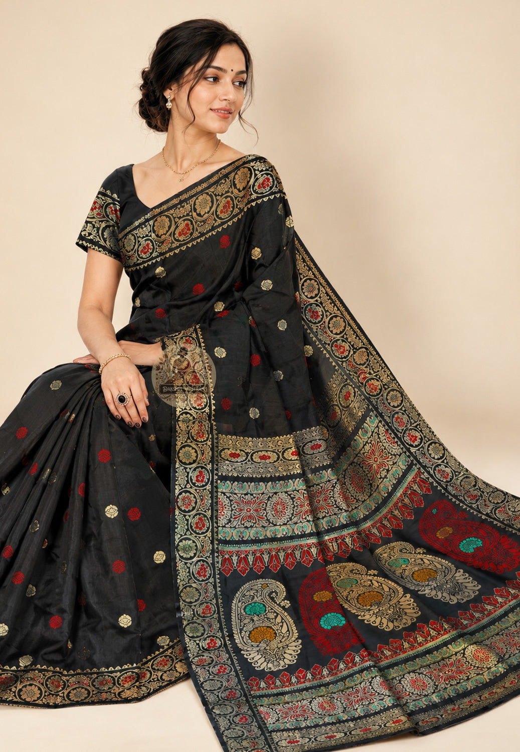 Side profile of premium handwoven Bishnupur Baluchari Silk Saree showing graceful full-length drape and exceptional natural silk sheen — crafted on traditional Bengal looms over weeks