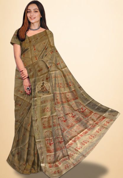 Handloom Swarnachari pure silk saree with intricate golden zari motifs — Dakshin Vastram UK