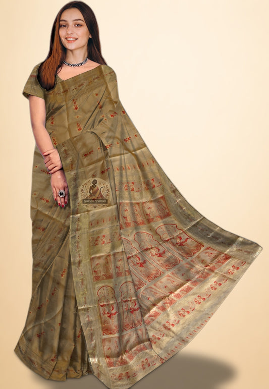 Handloom Swarnachari pure silk saree with intricate golden zari motifs — Dakshin Vastram UK