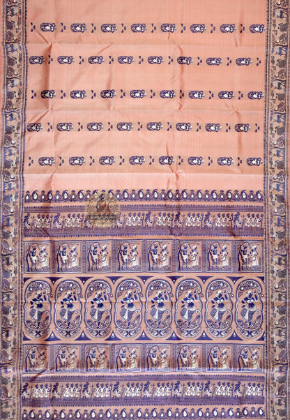 Macro close-up of hand-woven mythological motif on Copper Peach Baluchari Silk Saree, each figure woven thread by thread on the loom in Bengal