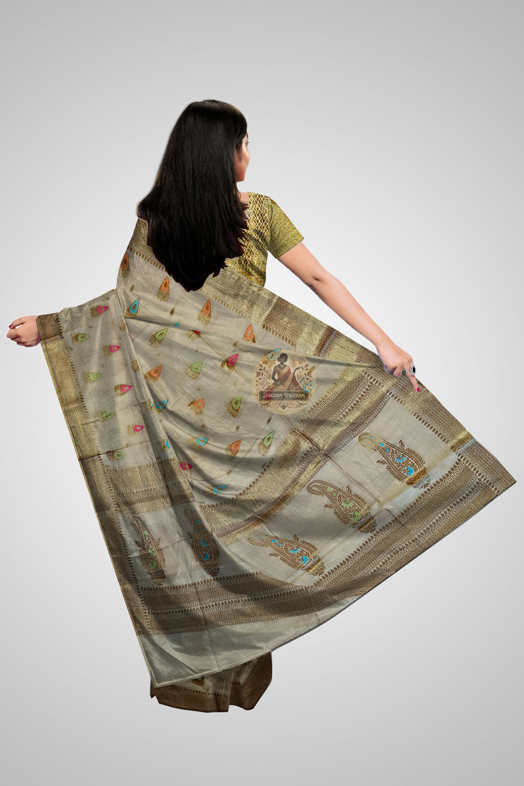 Shop Muga Silk Saree online – Rear view with authentic pallu drape