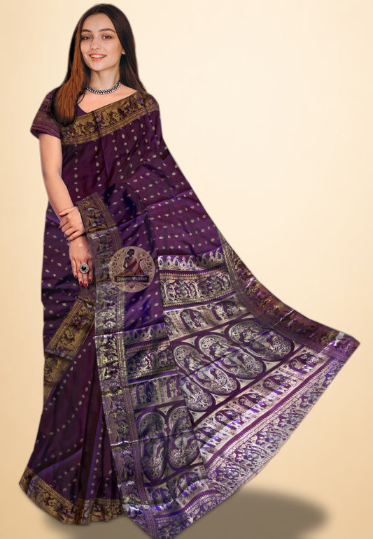 Magenta purple Swarnachari silk saree with intricate gold zari motifs, handwoven by Bengal artisans