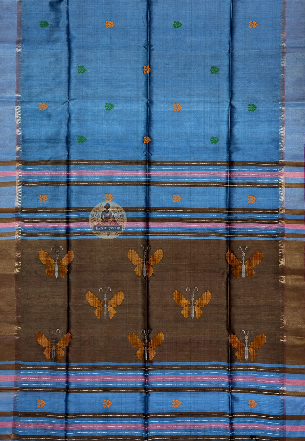 Rear view of handloom Bishnupur Katan silk saree displaying clean Katan silk fall with considered border and natural lustre, architectural confidence of the town that made it