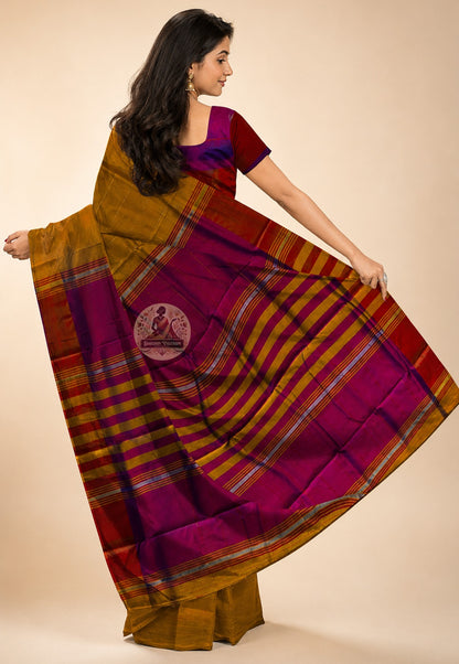 Rear view of handwoven Bishnupur Katan Silk Saree displaying the richly woven pallu with traditional Bengal terracotta temple and folk motifs in pure silk