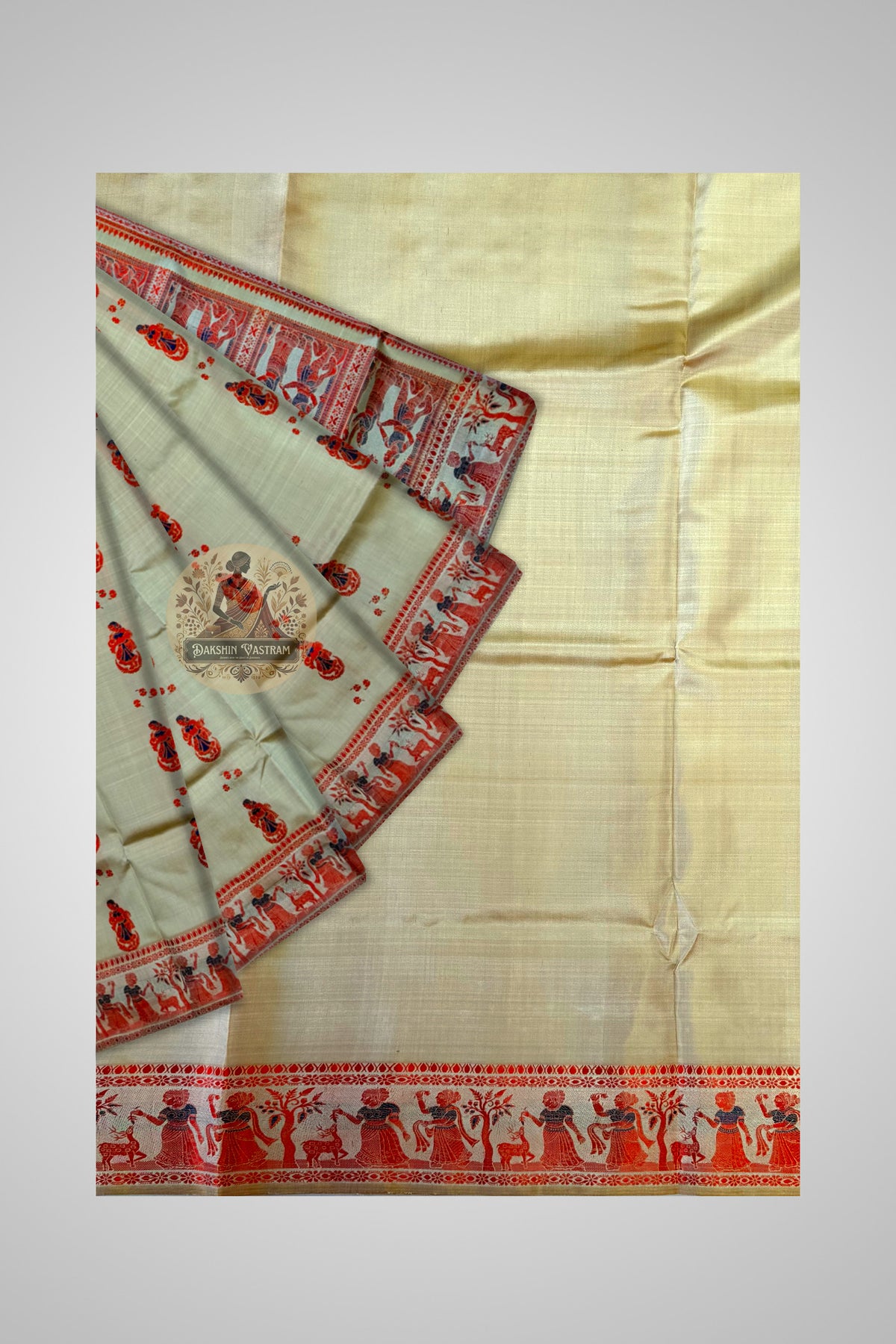 Buy Authentic Indian Silk Saree – Close-up of zari border and narrative weaving