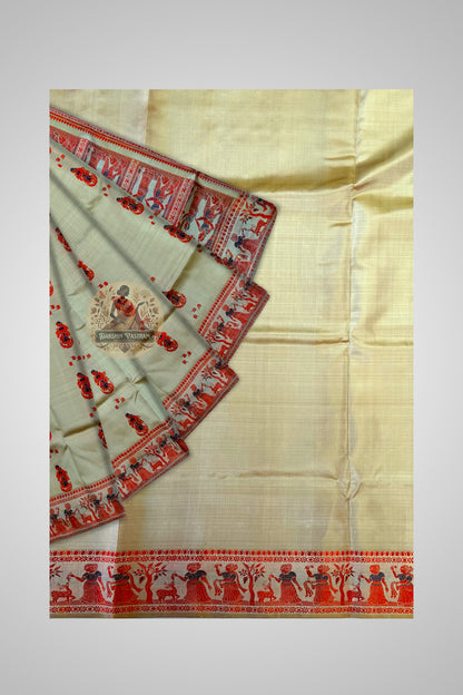 Buy Authentic Indian Silk Saree – Close-up of zari border and narrative weaving