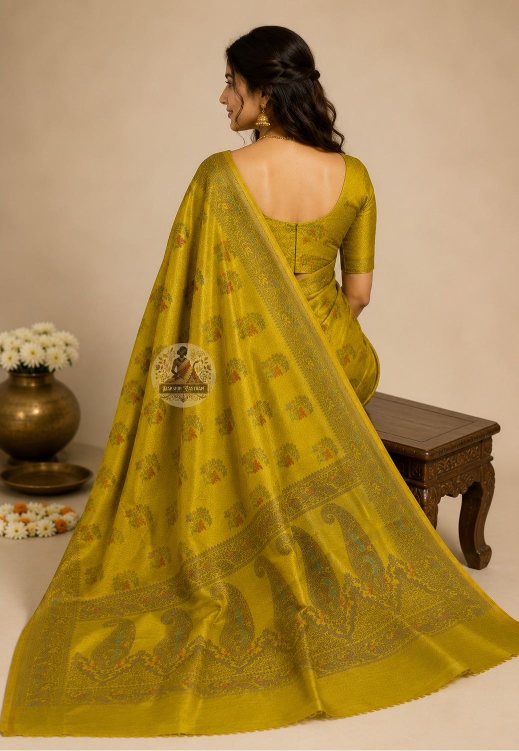 Close-up of matching blouse piece of Banarasi Muga Tussar Saree in natural Muga silk with zari border detailing