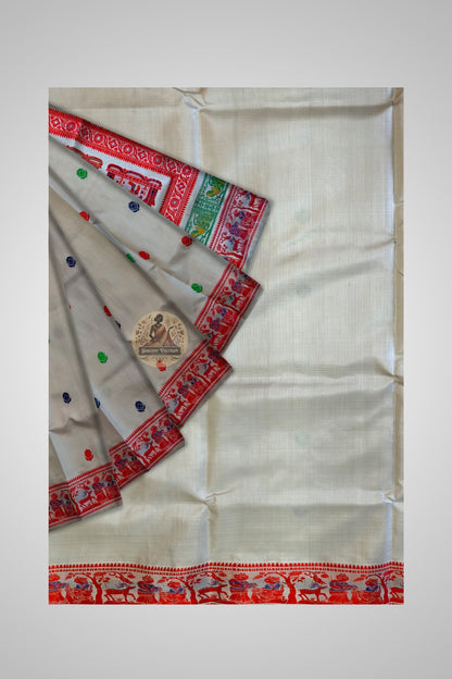 Traditional woven border of GI-certified Baluchari Silk saree, repeating figurative motif strip in contrasting silk thread