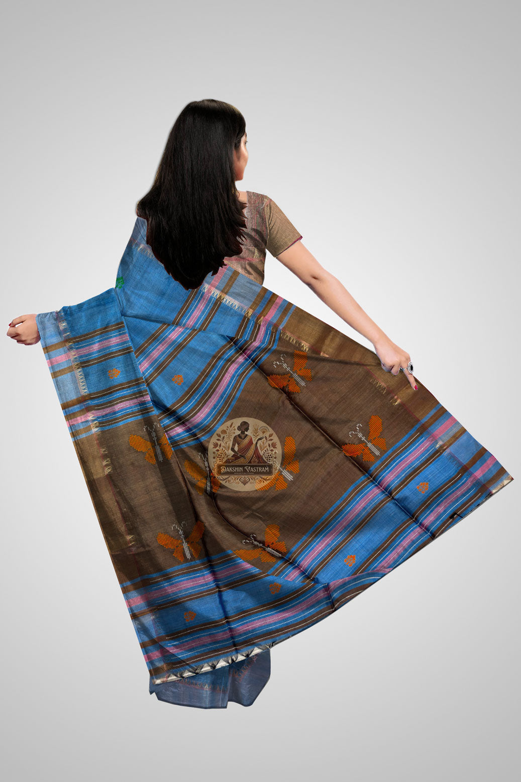 Buy Handloom Tussar Silk Saree – Rear angle with elegant drape