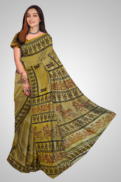 Shop Pure Silk Block Print Saree online – Front view with ethnic handprints