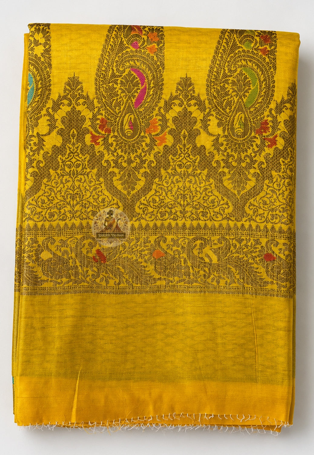 Full view of Banarasi Muga Tussar Saree in natural golden Muga silk with zari border and pallu, ideal for bridal, Diwali and Durga Puja occasions