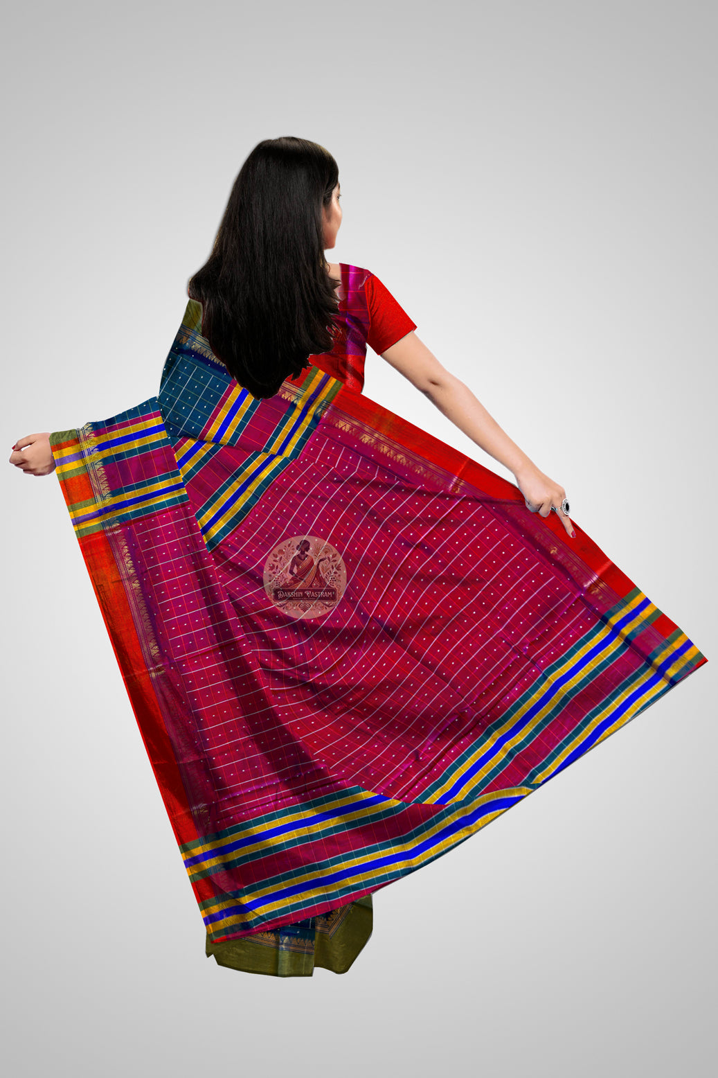 Buy Mulberry Bishnupur Pure Silk Saree – Rear angle with elegant drape