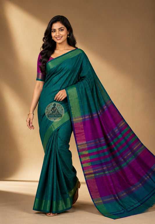 Side view of Bishnupur Katan Silk Saree showing the natural fall and familiar drape, perfect for Durga Puja, Bengali weddings and festive celebrations across India