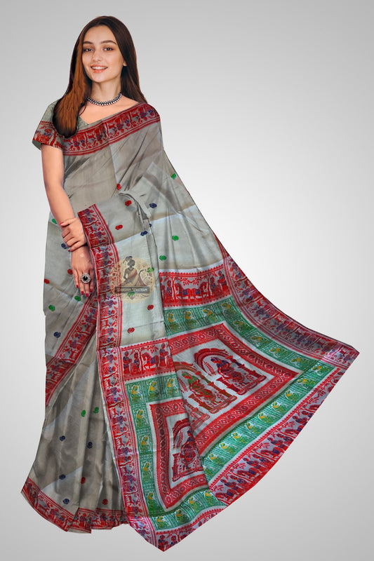 Authentic Baluchari Silk saree in deep wine red with mythological figurative motifs on pallu, full drape front view