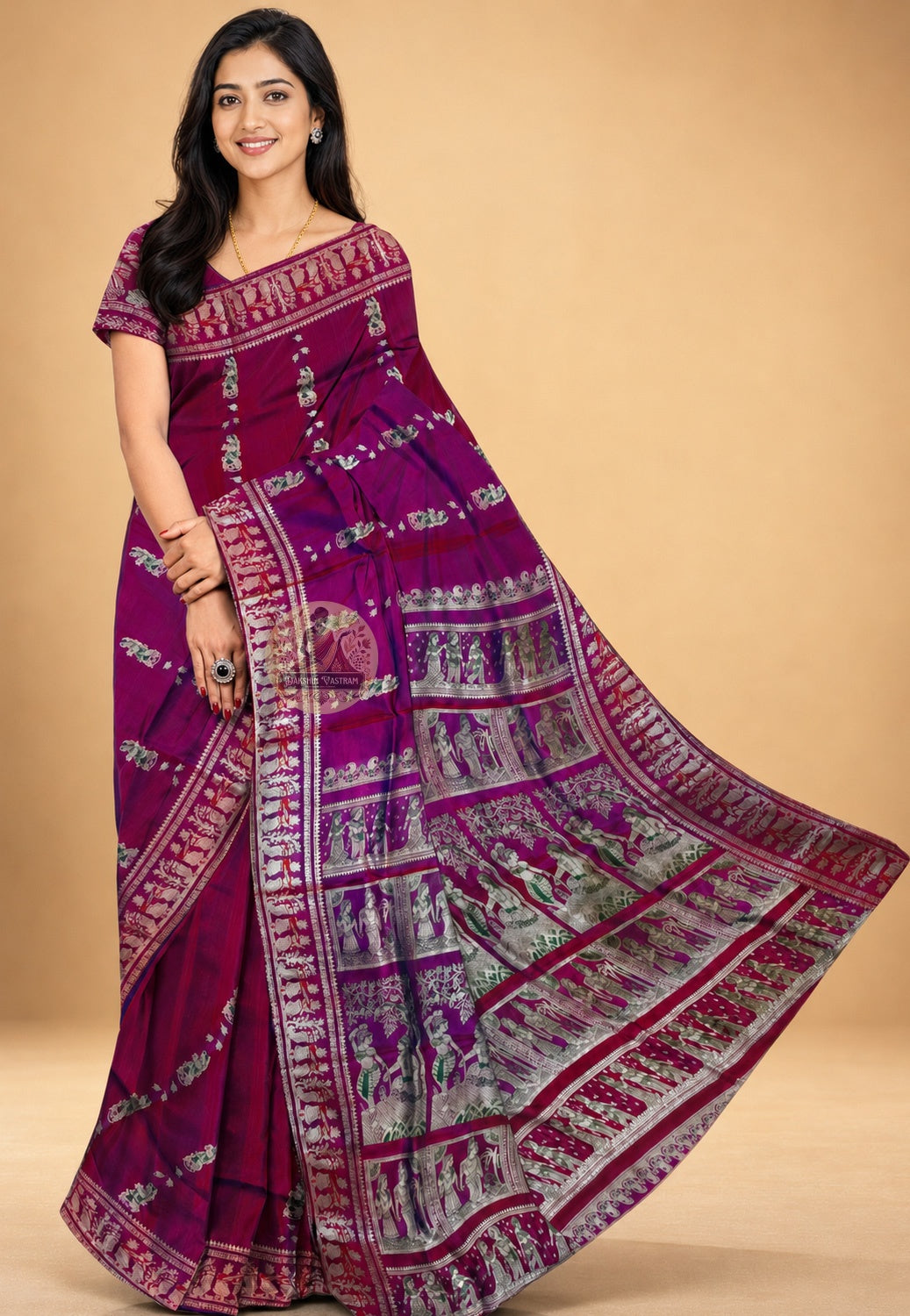Front view of Bishnupur Baluchari Silk Saree in pure lustrous silk with handwoven mythological pallu and traditional border, draped for Durga Puja and weddings in West Bengal