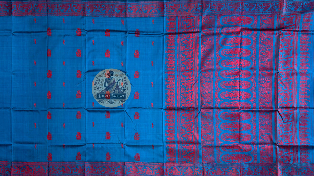 Traditional handloom Baluchari saree in steel grey with hand-woven narrative motifs and gold zari pallu