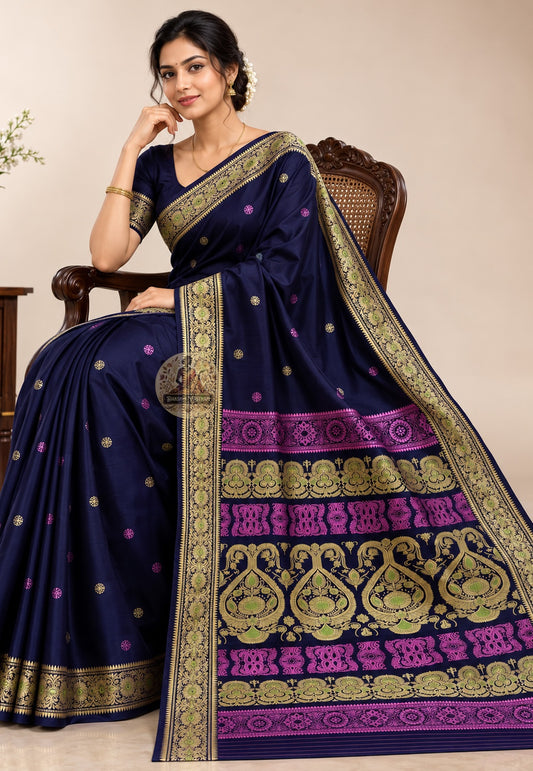 Front view of woman wearing Baluchari Silk Saree with antique gold jewellery, bridal reception heirloom occasion