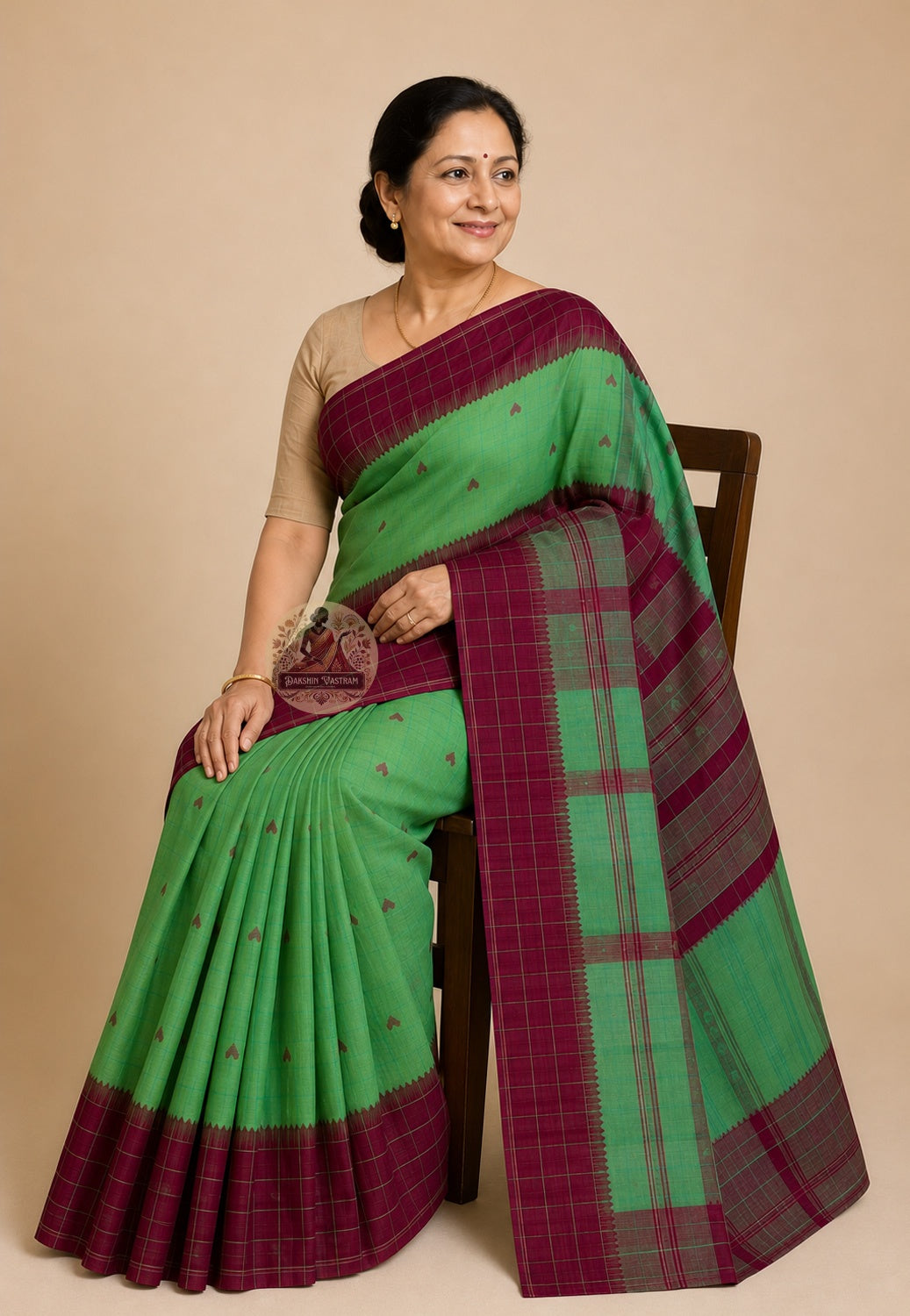 Side view of handloom cotton heritage saree showing soft natural drape, breathable fall, and traditional weave passed down with pride