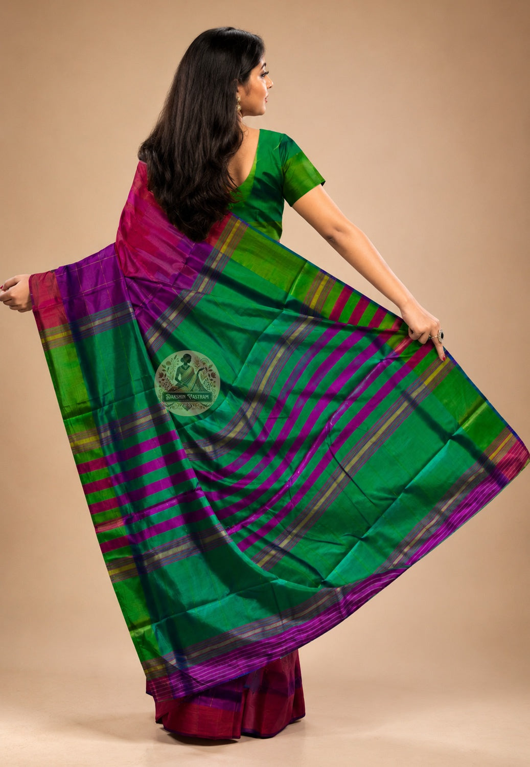 Rear view of handwoven Bishnupur Katan Silk Saree displaying the richly woven pallu with traditional Bengal terracotta temple and folk motifs belonging to the pure silk itself
