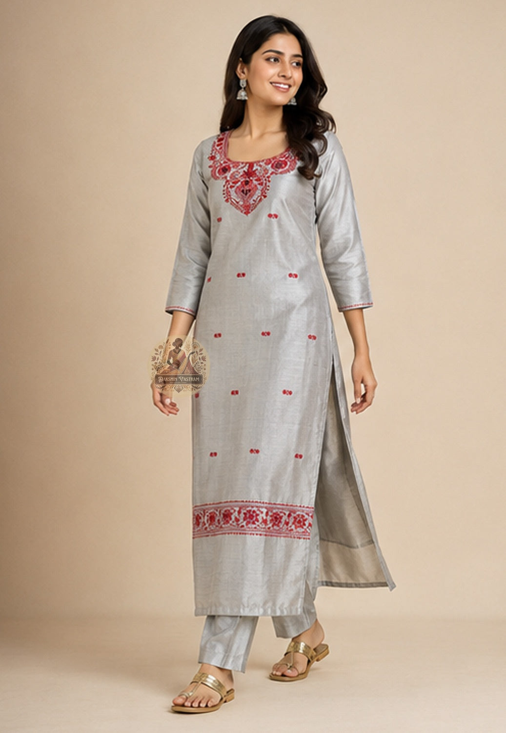 Grey Baluchari handloom silk kurti piece with contrasting Resham threadwork detail – premium Indian fabric UK