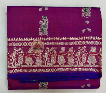 Detail view of traditional Baluchari buti motifs handwoven across the body of Baluchari Pure Silk Saree, revealing the fine precision and luminous quality of Bengal's greatest storytelling textile tradition