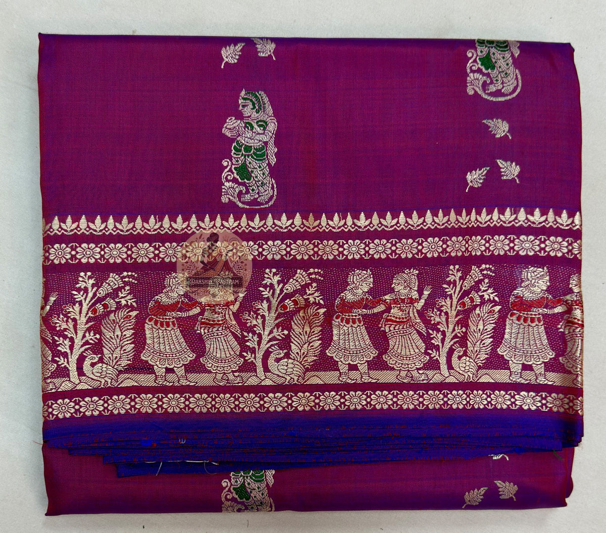 Full flat-lay of Bishnupur Baluchari Silk Saree in pure lustrous silk showing complete handwoven mythological pallu, narrative border and saree body — perfect for Durga Puja 2026, Poila Boishakh, weddings and cultural events across Bishnupur, Kolkata, Bankura and Bardhaman