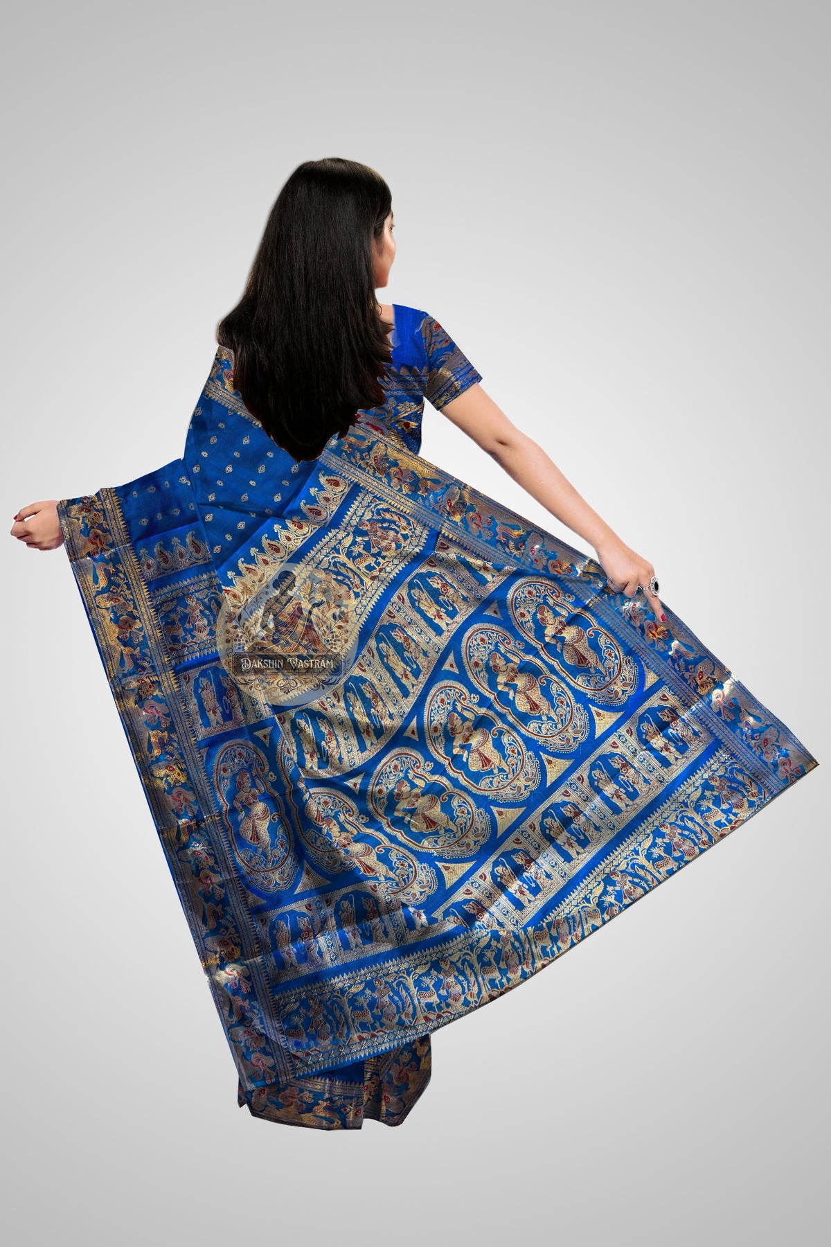 Shop Indian Mulberry Silk Saree – Full-body view with pleats and pallu