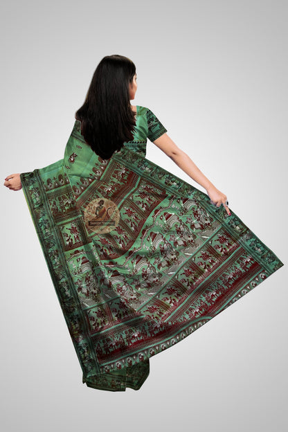 Buy Handloom Baluchari Saree – Rear drape showcasing silk flow