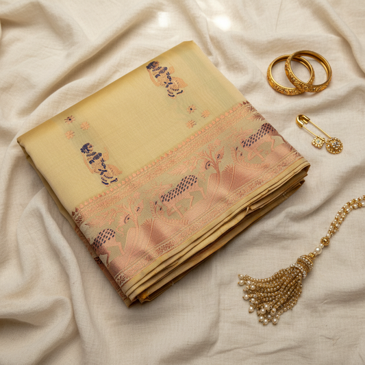 Cream-yellow Banarasi saree with muslin backdrop and premium props