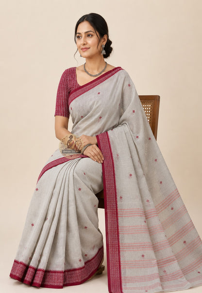 Side view of everyday pure cotton handloom saree showing graceful drape, soft fall, and breathable natural fabric