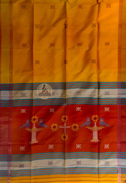 Rear view of Bishnupur Katan Silk Saree displaying pallu with Radha Krishna temple panel and creeper scroll Bengal weave