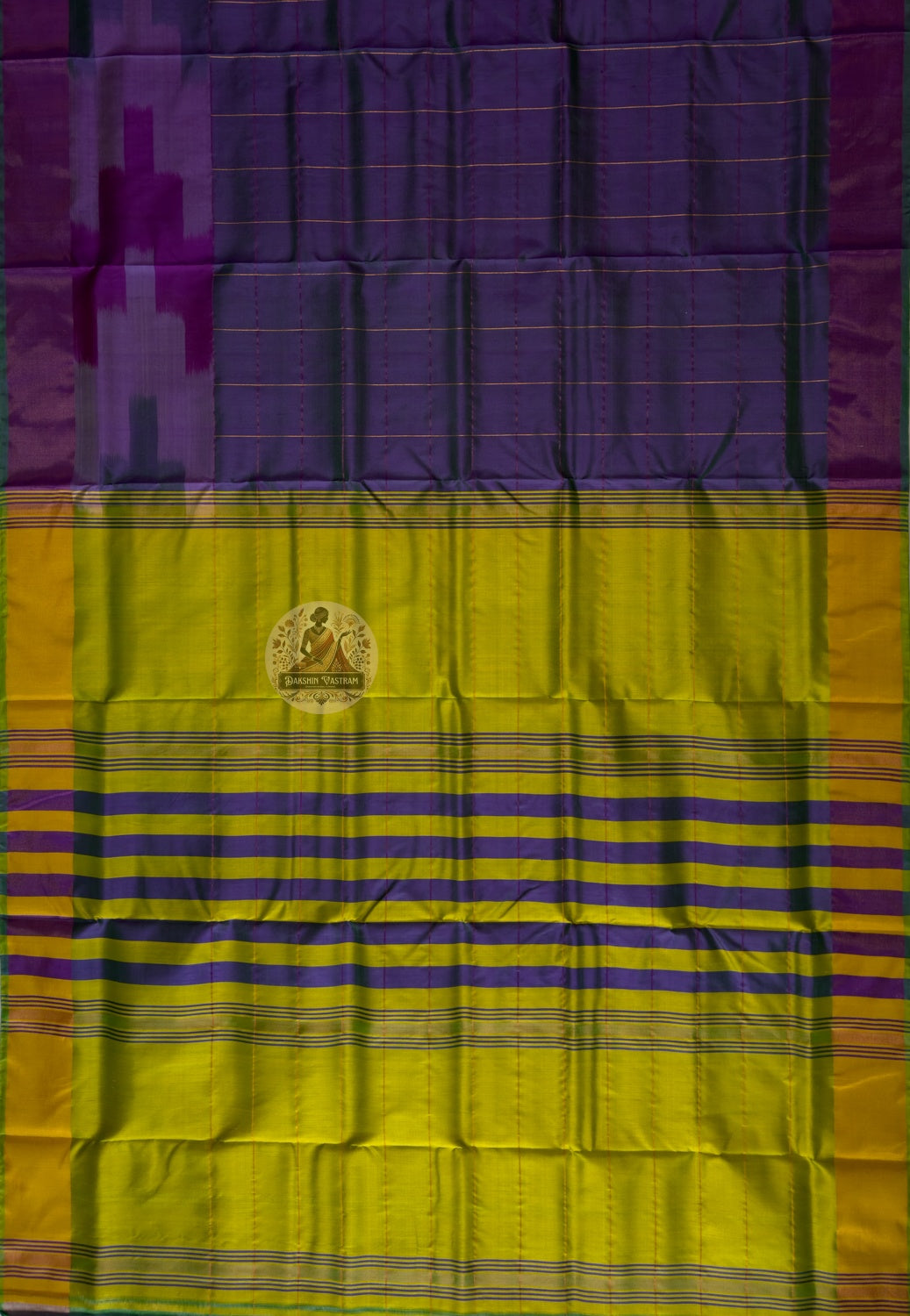 Full flat-lay of Bishnupur Pure Katan Silk Saree displaying the complete handloom weave, woven border and richly patterned pallu — a handwoven heirloom from Bishnupur, West Bengal