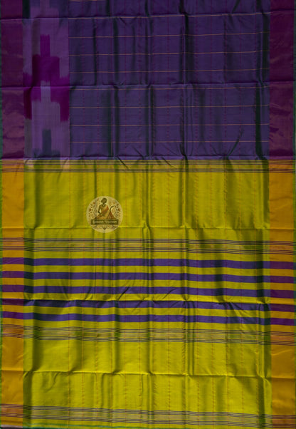 Full flat-lay of Bishnupur Pure Katan Silk Saree displaying the complete handloom weave, woven border and richly patterned pallu — a handwoven heirloom from Bishnupur, West Bengal