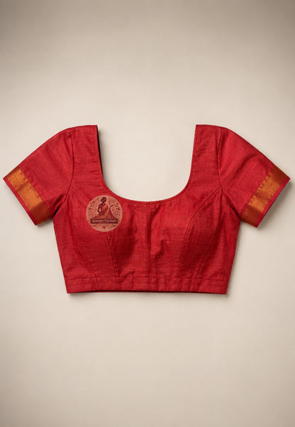 Close-up of Ghicha Tussar Silk blouse fabric showing natural raw silk texture and golden sheen, handwoven by skilled artisans for festive and ceremonial wear