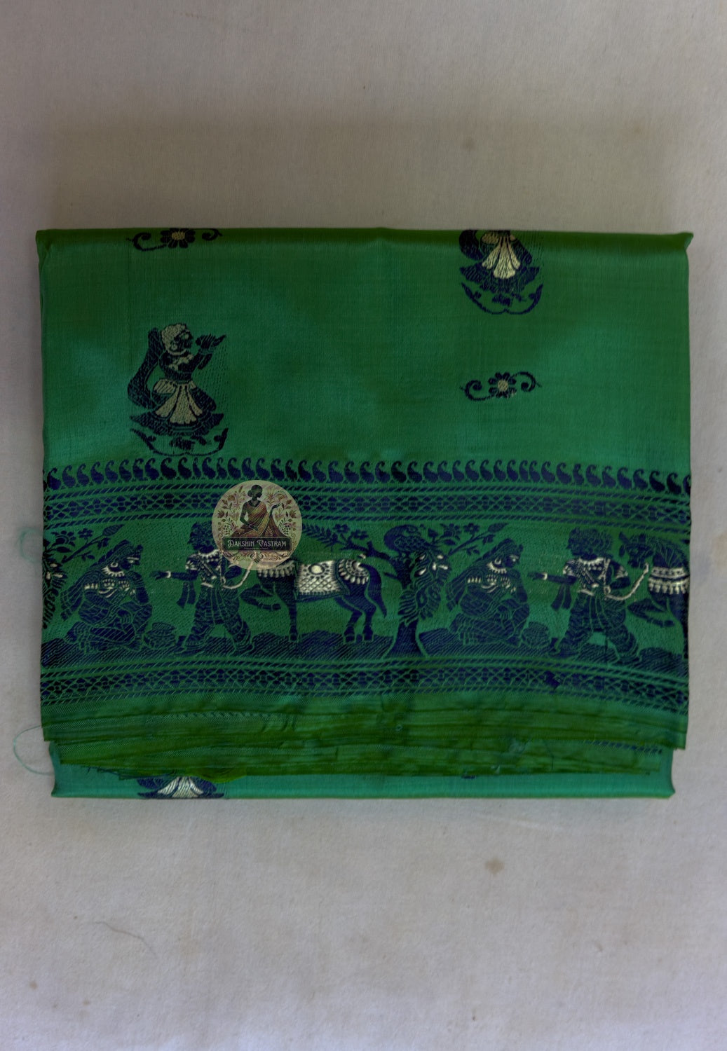 Close-up of the handwoven narrative pallu of Baluchari Pure Silk Saree, showcasing intricate mythology scenes and Nawabi court figures woven thread by thread into pure silk by Baluchari artisans of West Bengal