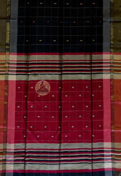 Full view of Bishnupuri pure katan silk saree in complete drape – premium Bengal heritage handloom saree for weddings, Diwali, and cultural celebrations