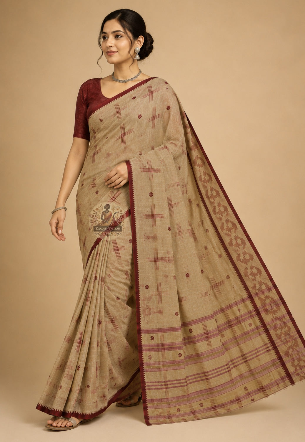 Side view of sustainable pure cotton handloom saree showing natural drape, soft fall, and the quiet beauty of ethical Indian weaving