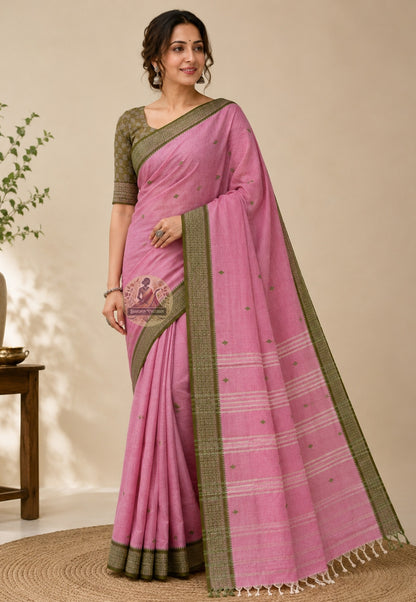 Front view of pure cotton handloom saree without blouse piece, perfect for Durga Puja and festive occasions