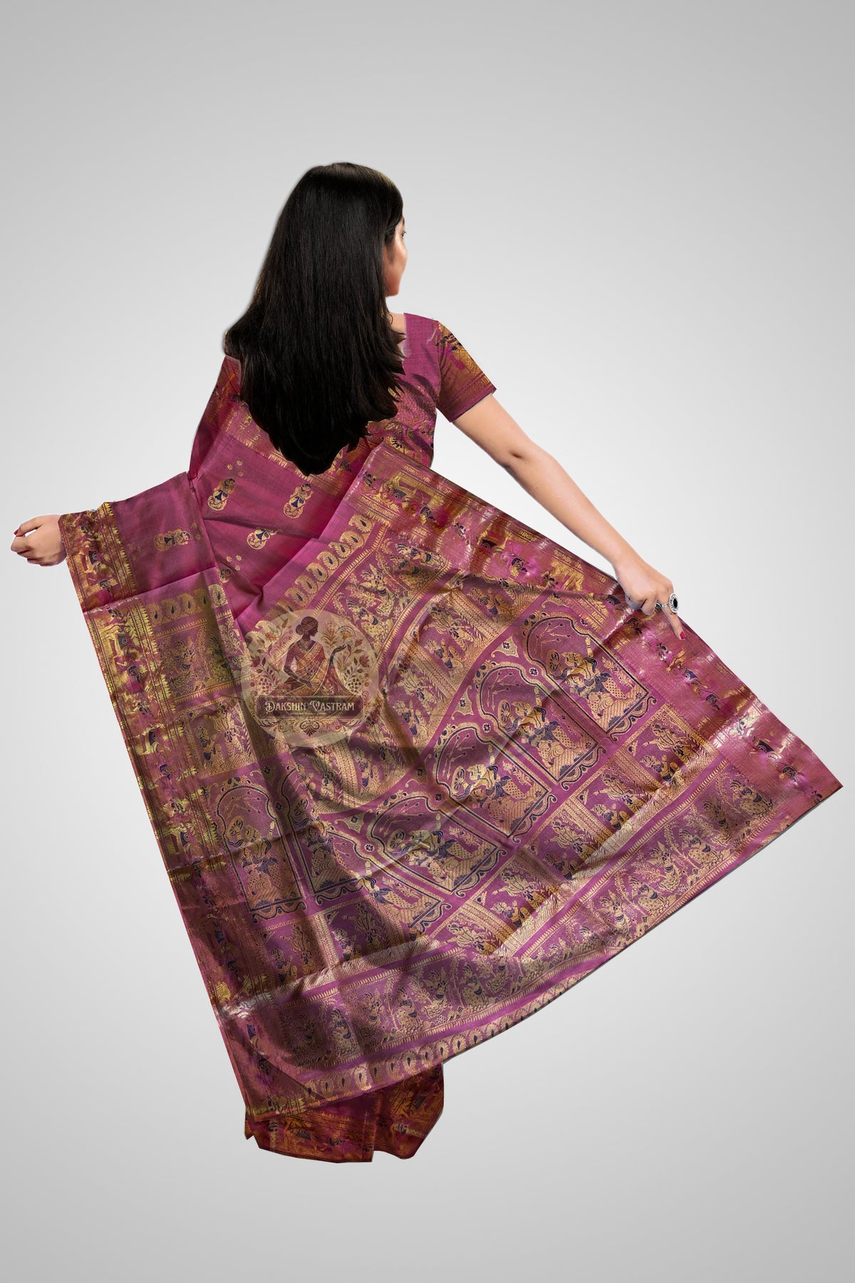 Buy Bengal Swarnachari Sarees – Rear view with traditional zari motifs