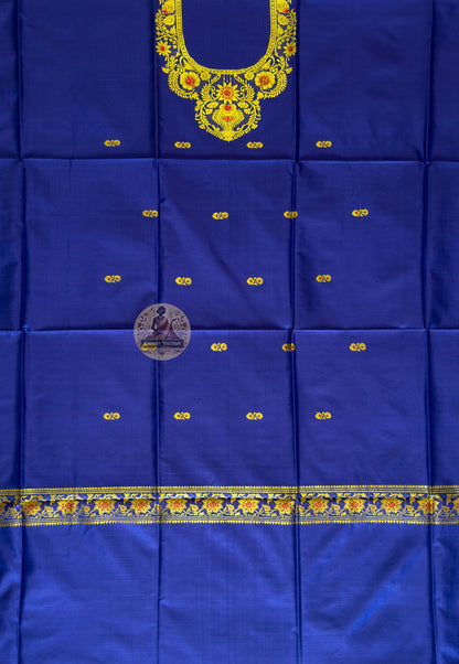 Flat lay of handloom Baluchari Mulberry silk kurti piece in Royal Blue showing full fabric length and woven neckline panel – Dakshin Vastram