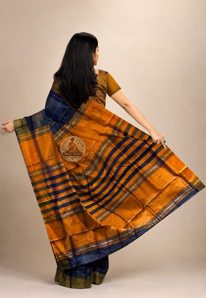 Rear view of handwoven Bishnupur Katan Silk Saree displaying the richly woven pallu with traditional Bengal terracotta and folk-inspired motifs in pure silk