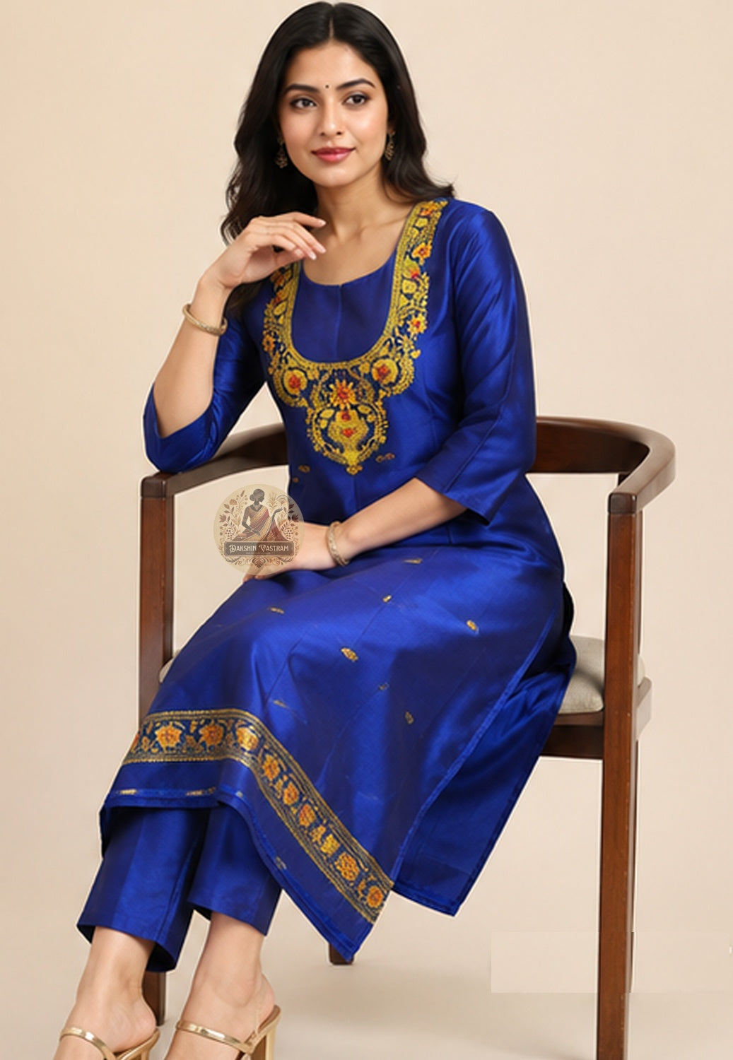 Unstitched Baluchari silk kurti fabric in deep Royal Blue with heritage woven border – ships to London Birmingham Leicester Manchester Bradford Sheffield