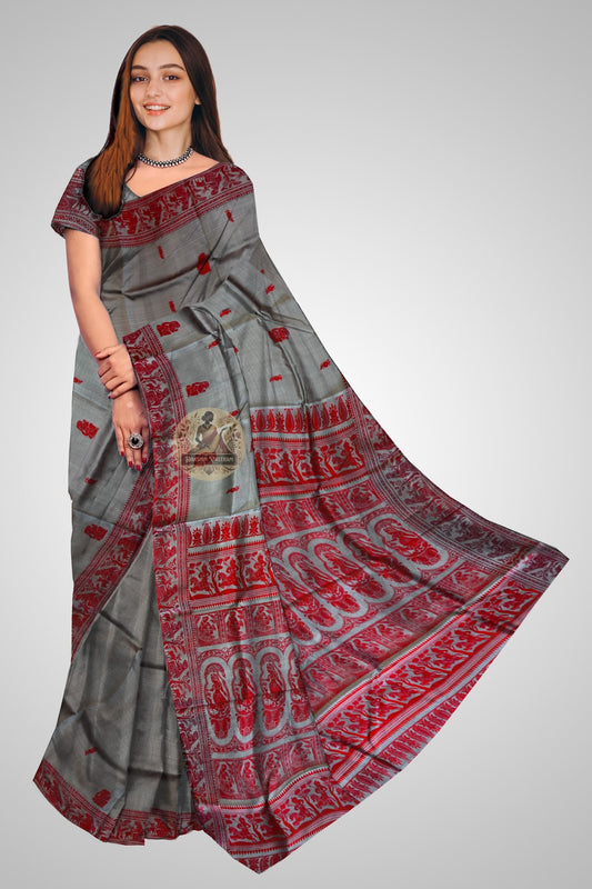 Handwoven Baluchari silk saree in deep ultramarine with gold zari Ramayana figures on richly woven pallu
