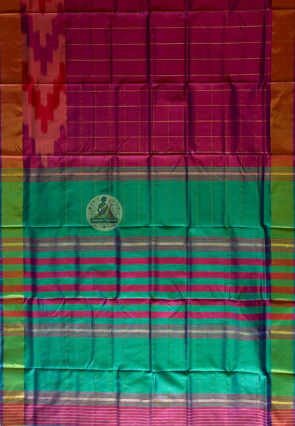 Full flat-lay of Bishnupur Pure Katan Silk Saree showing complete handloom weave, woven border design and richly patterned pallu from Bengal
