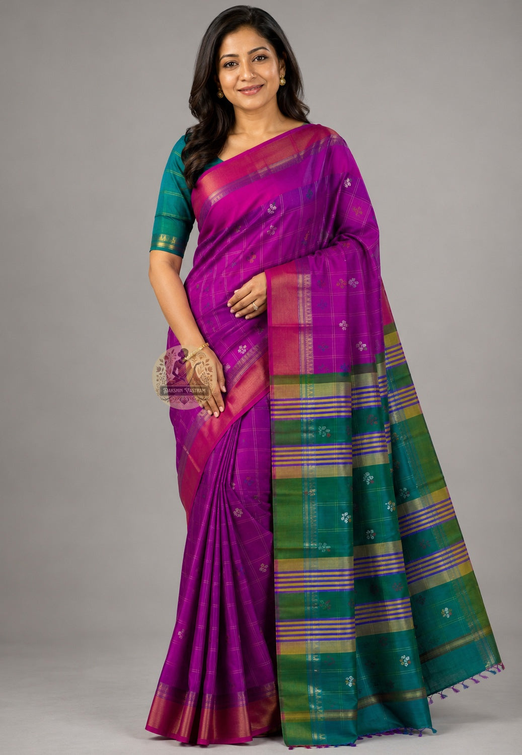 Bishnupuri handwoven katan silk saree front view – timeless Bengal heritage drape with natural silk lustre, perfect for weddings and Durga Puja celebrations