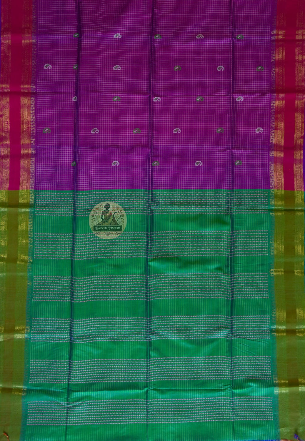 Full view of Bishnupuri pure katan silk saree in complete drape – where a woman's grace meets Bengal's finest weaving tradition, for Diwali, weddings and cultural galas worldwide