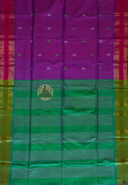 Full view of Bishnupuri pure katan silk saree in complete drape – where a woman's grace meets Bengal's finest weaving tradition, for Diwali, weddings and cultural galas worldwide