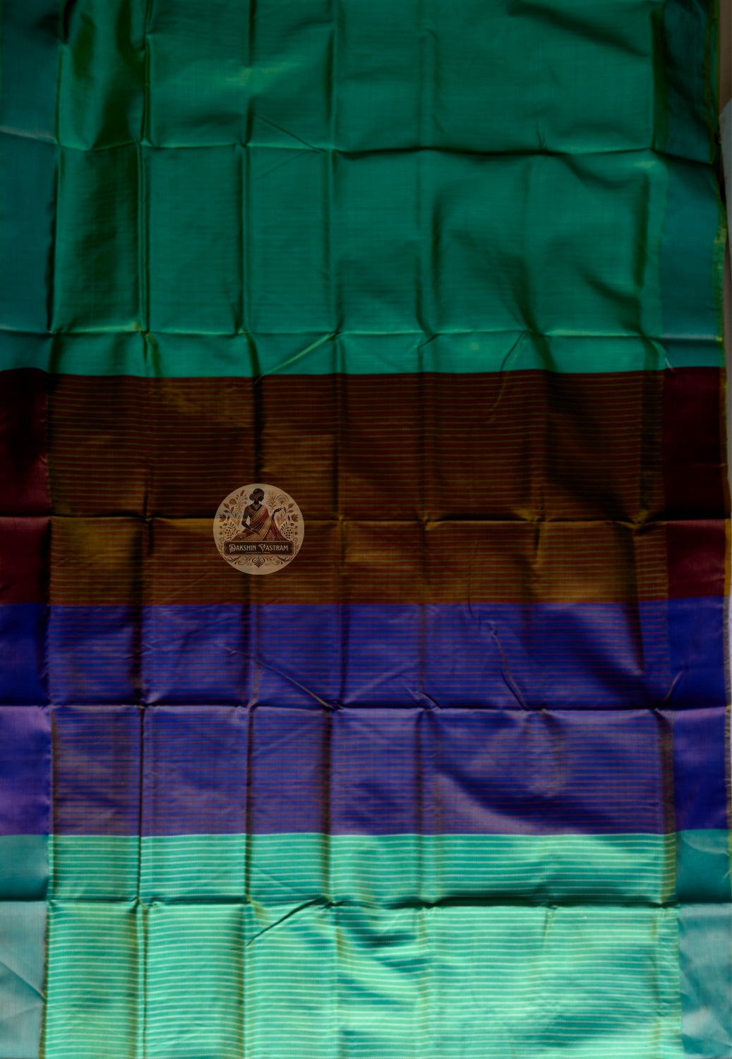 Full flat-lay view of Bishnupur Pure Katan Silk Saree showing complete handwoven silk body, traditional Bengali motif border, and richly detailed pallu — Durga Puja 2026 Collection new arrival