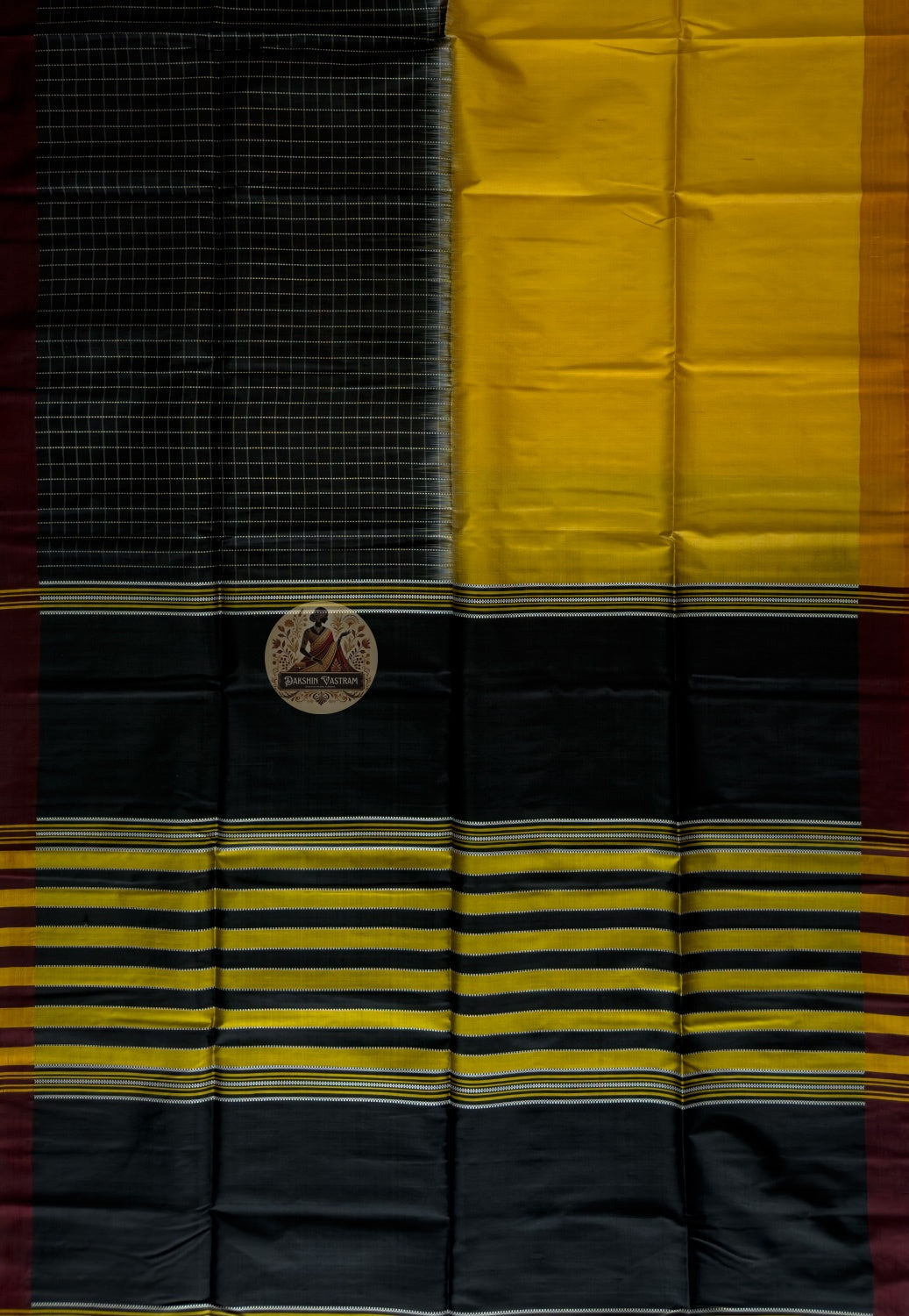 Full view of Bishnupur Pure Katan Silk Saree laid flat, showcasing complete handloom weave, border design, and pallu of authentic Bengal silk
