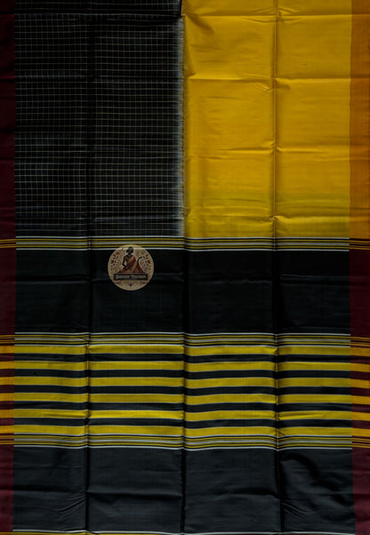 Full view of Bishnupur Pure Katan Silk Saree laid flat, showcasing complete handloom weave, border design, and pallu of authentic Bengal silk